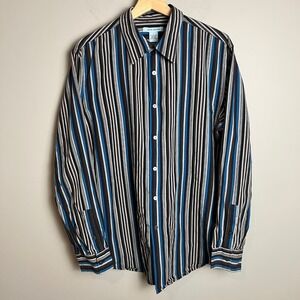 Gene Meyer Long Sleeve Shirt Mens Large Striped Button Down 100% Cotton Blue